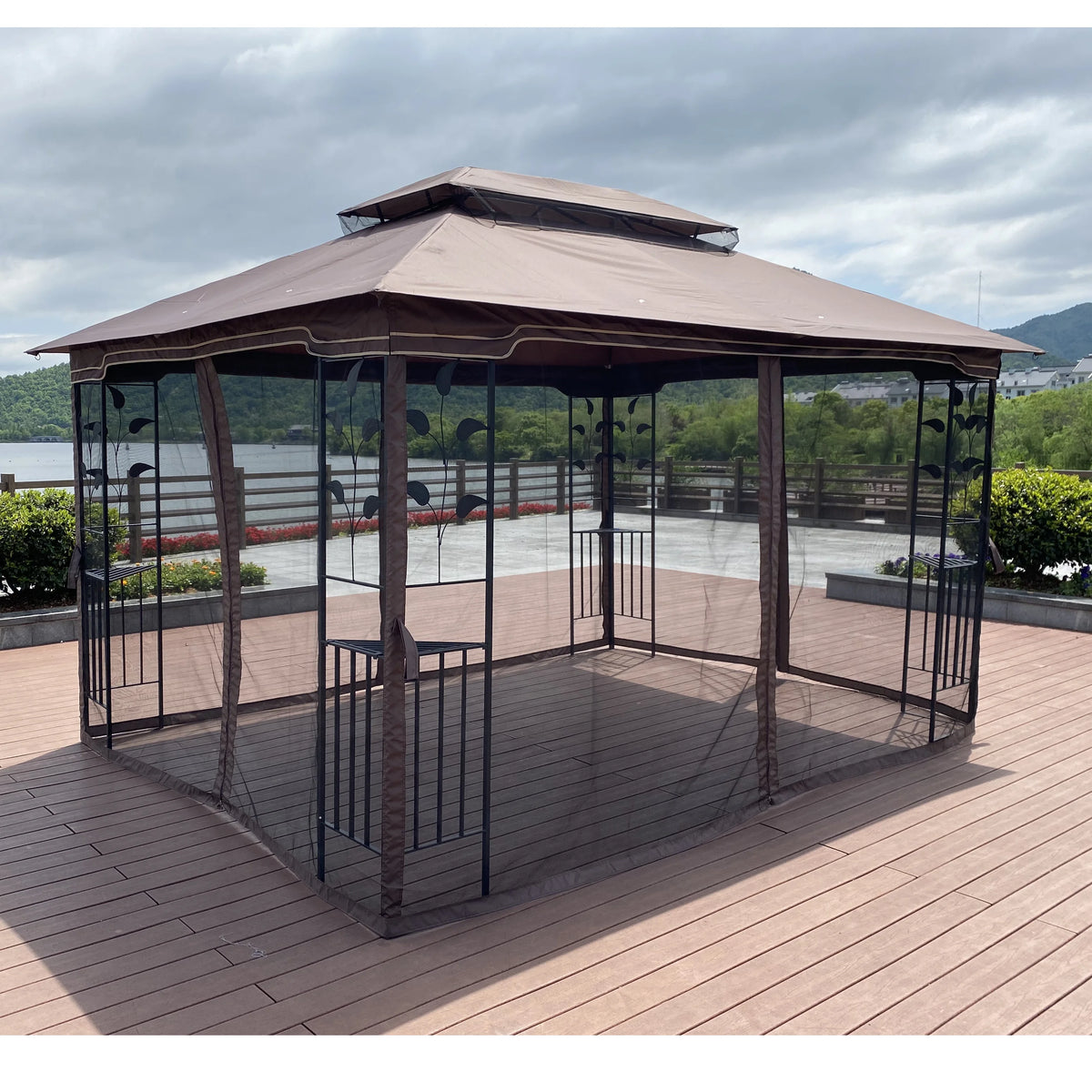 13x10 Outdoor Patio Gazebo Canopy Tent With Ventilated Double Roof And Mosquito Net, Brown T124