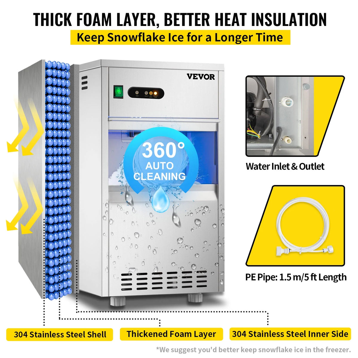 110V Commercial Snowflake Ice Maker 44lbs/24h Stainless Steel Freestanding A289