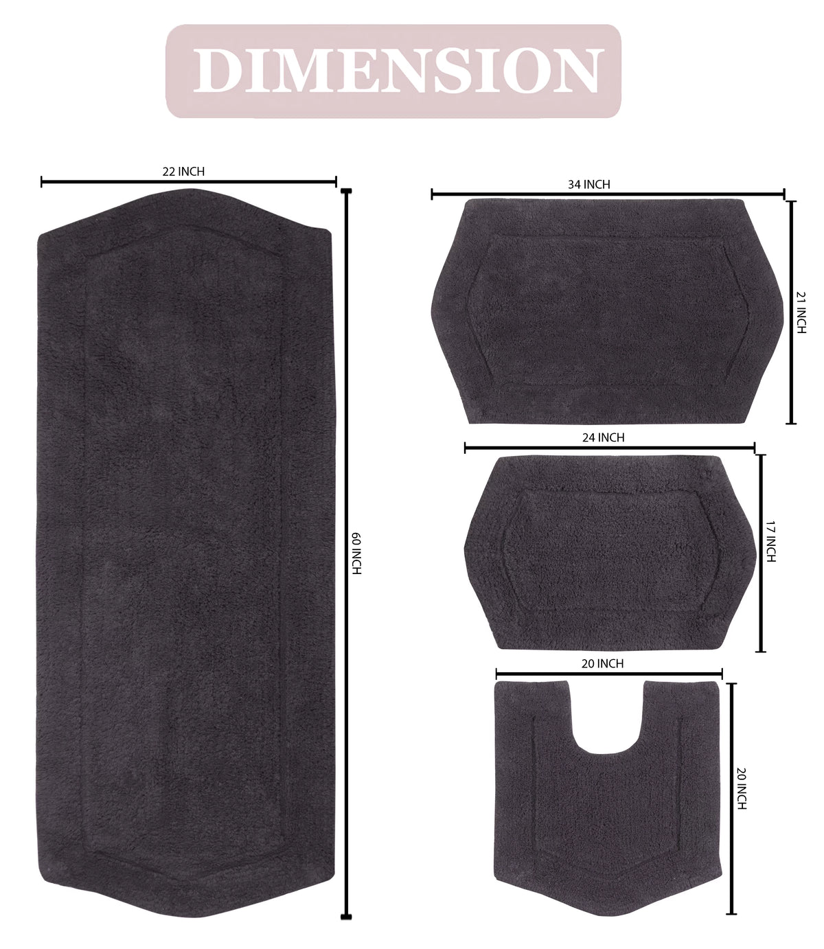 100% Cotton Non-Slip Machine Washable 4 Piece Bath Rug Set with Contour V12457