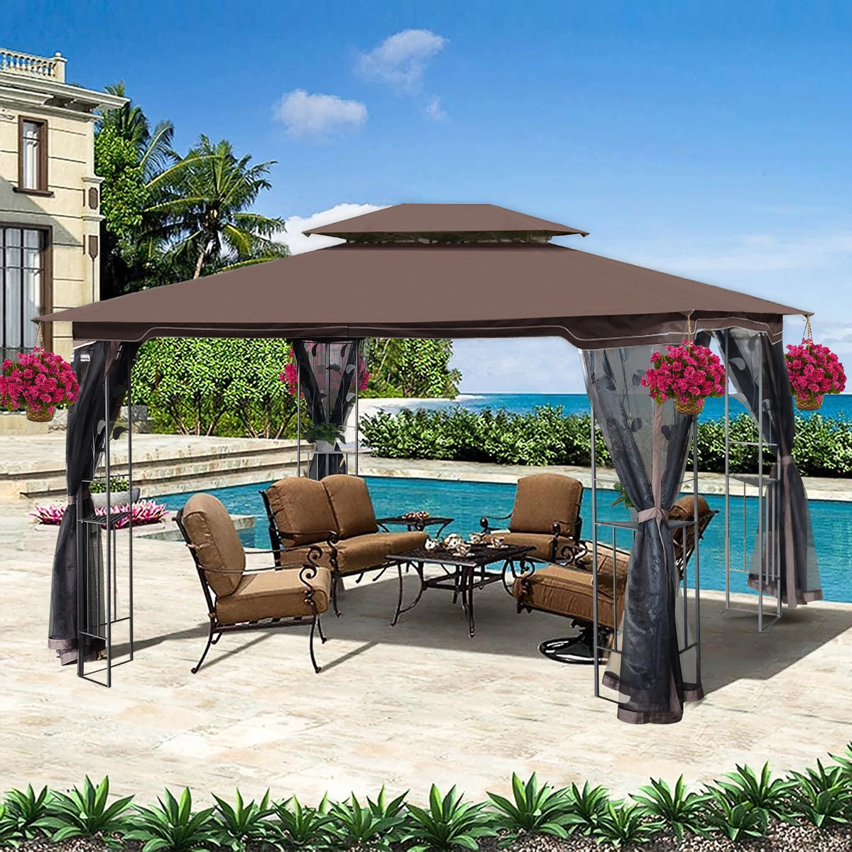 13x10 Outdoor Patio Gazebo Canopy Tent With Ventilated Double Roof And Mosquito Net, Brown T124