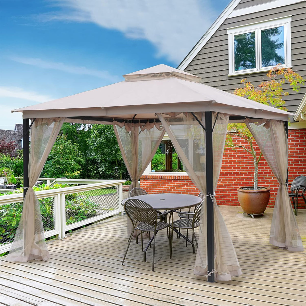 10x10 Outdoor Gazebo with Mosquito Netting Beige Y950