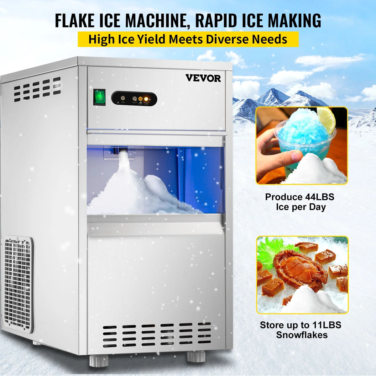 110V Commercial Snowflake Ice Maker 44lbs/24h Stainless Steel Freestanding A289