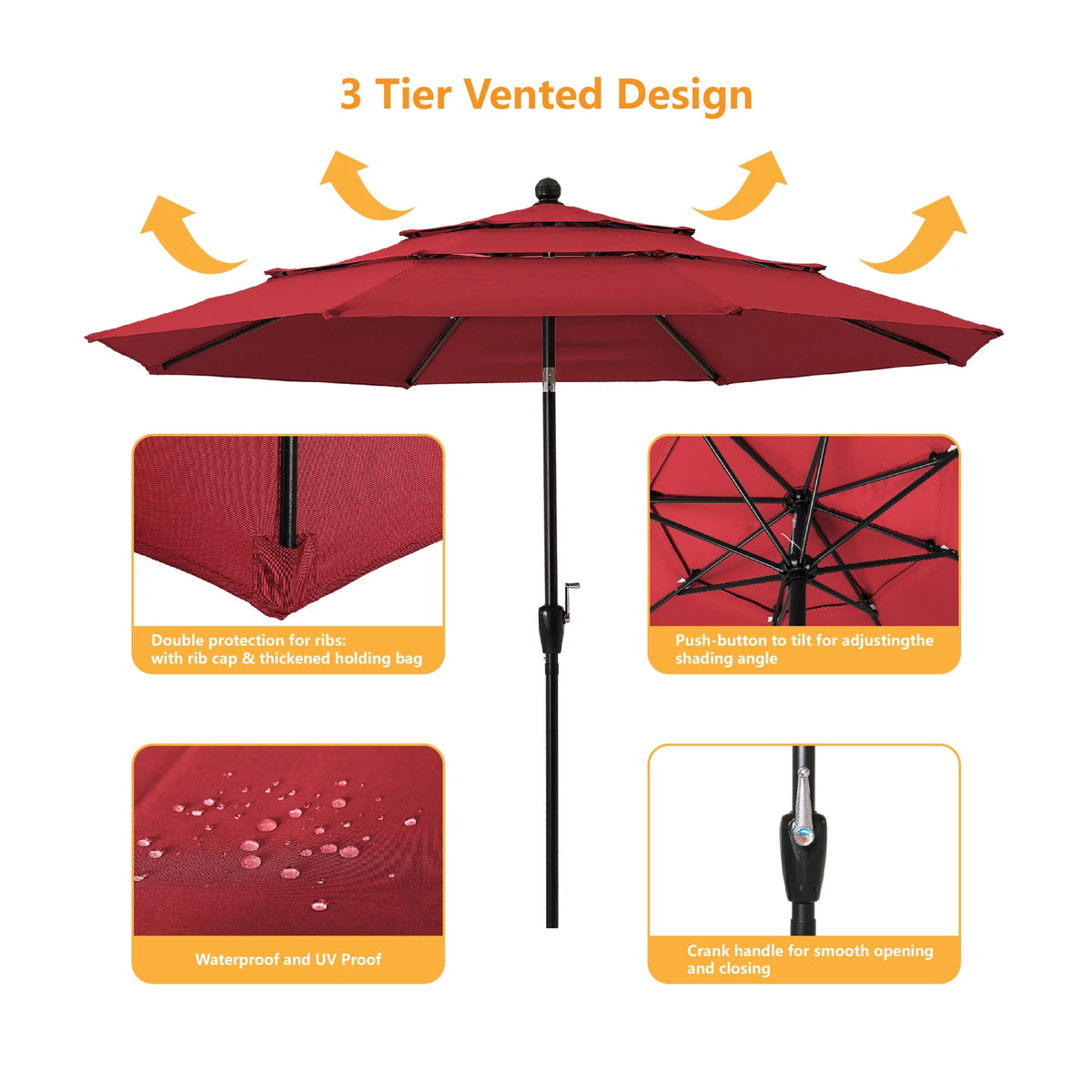 10 Ft 3 Tier Double Vented Patio Umbrella with Crank D807607