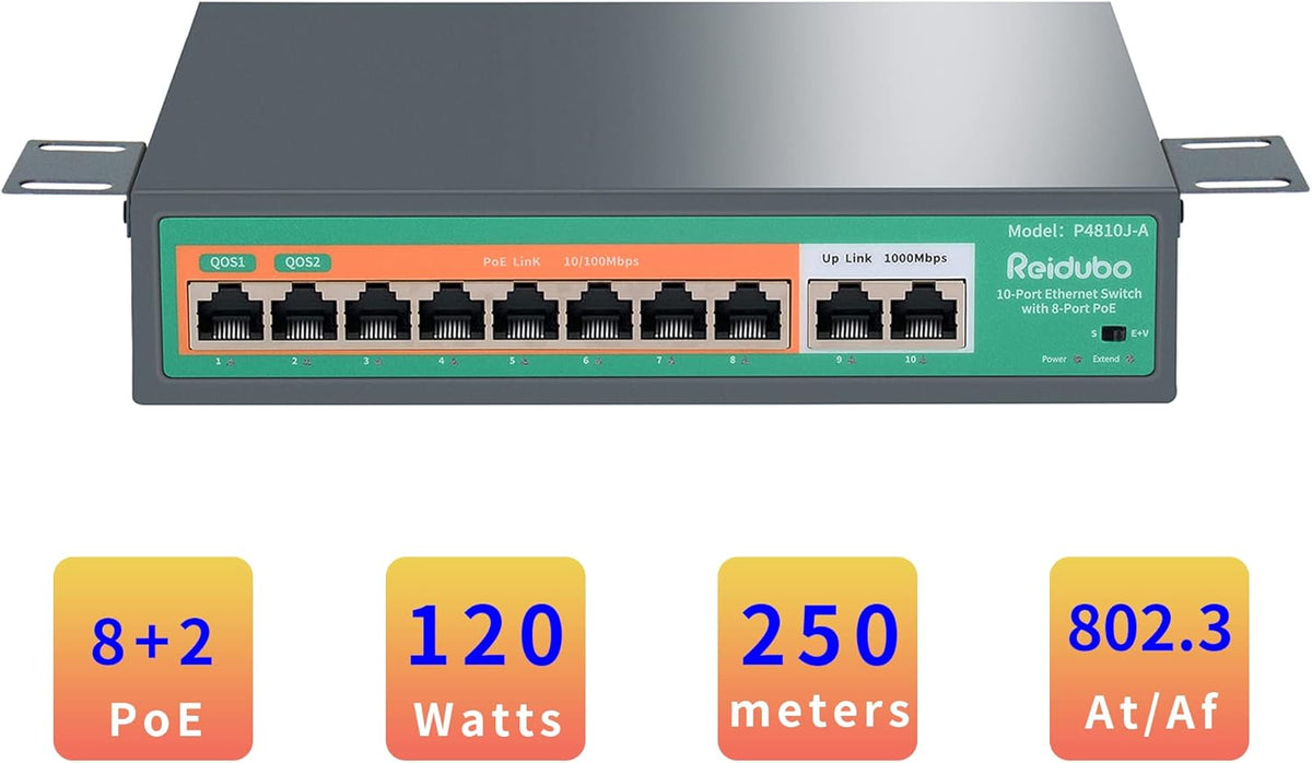 10 Port Ethernet PoE Switch with 8-Port PoE 100Mbps, 2 Gigabit Uplink, 120W, Unmanaged, Metal Case, Pack of 2 R158