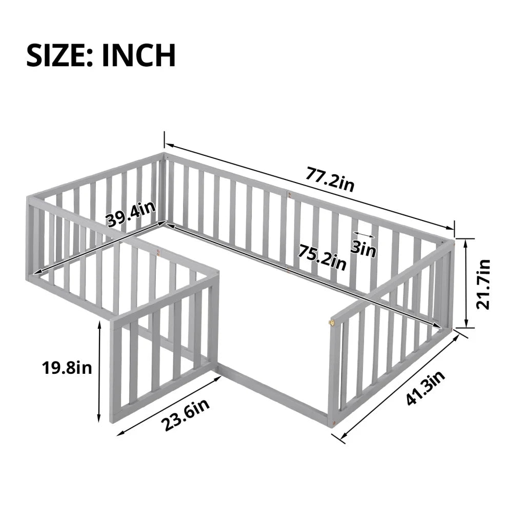 Solid Wood Twin Floor Bed with Door & Safety Guardrails L894