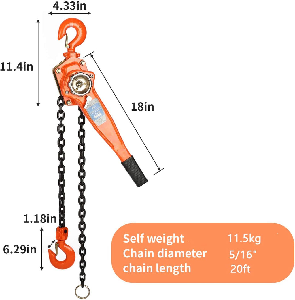 1-1/2 Ton Manual Lift Lever Block Chain Hoist, 20 feet Ratchet Chain Hoist Puller X77827