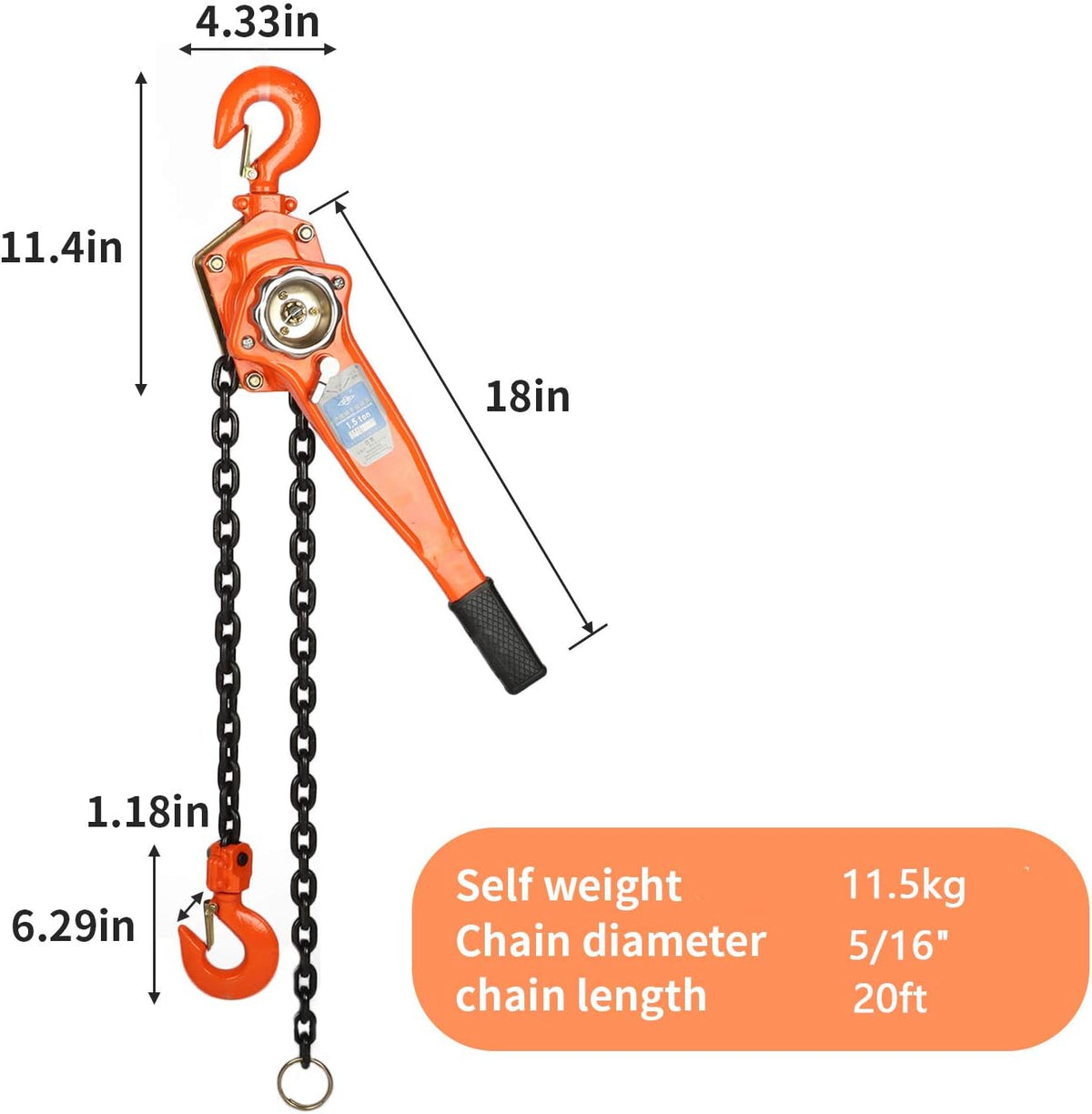 1-1/2 Ton Manual Lift Lever Block Chain Hoist, 20 feet Ratchet Chain Hoist Puller X77827