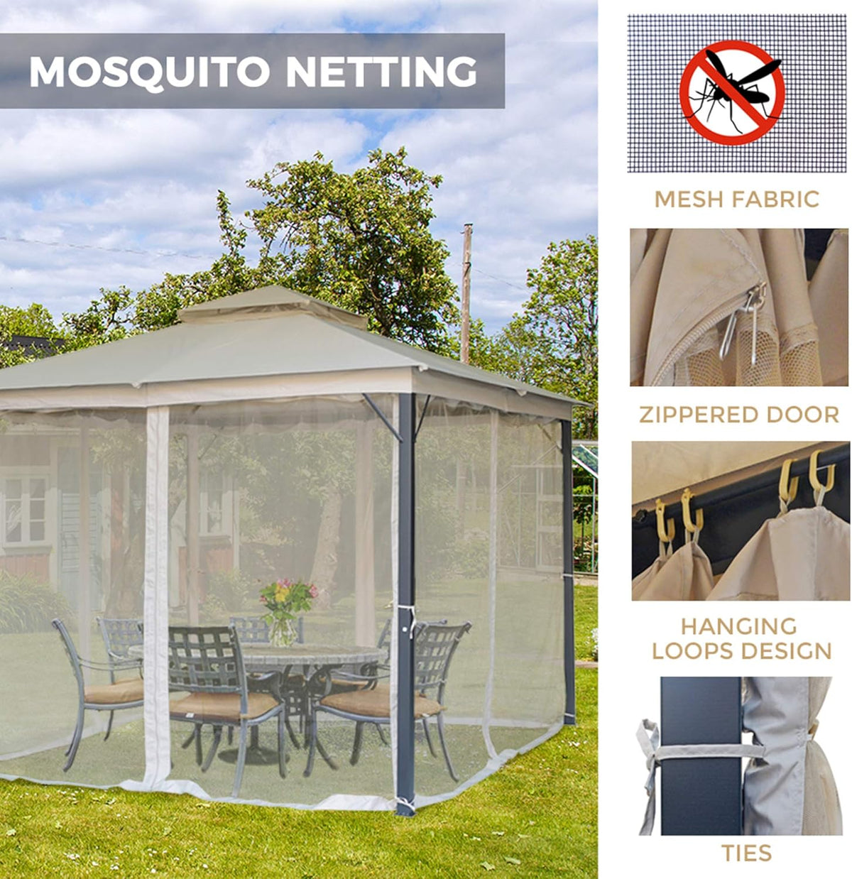 10x10 Outdoor Gazebo with Mosquito Netting Beige Y950