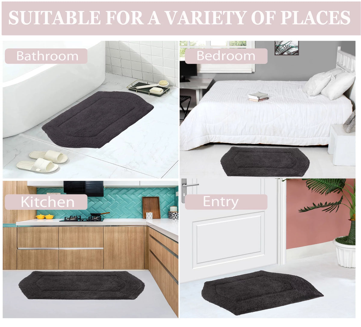 100% Cotton Non-Slip Machine Washable 4 Piece Bath Rug Set with Contour V12457