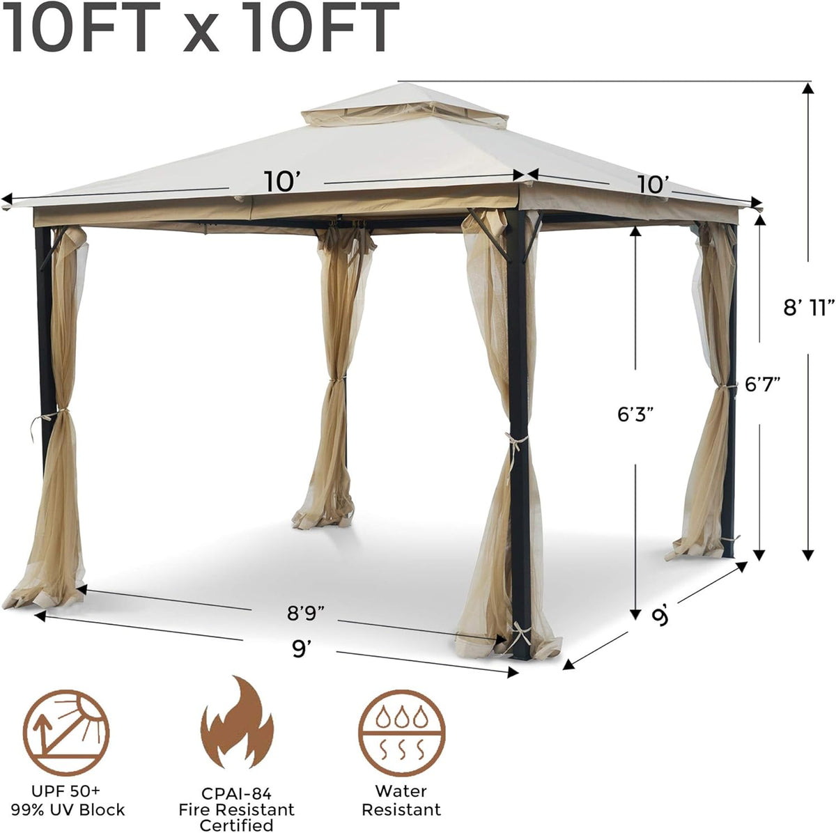 10x10 Outdoor Gazebo with Mosquito Netting Beige Y950