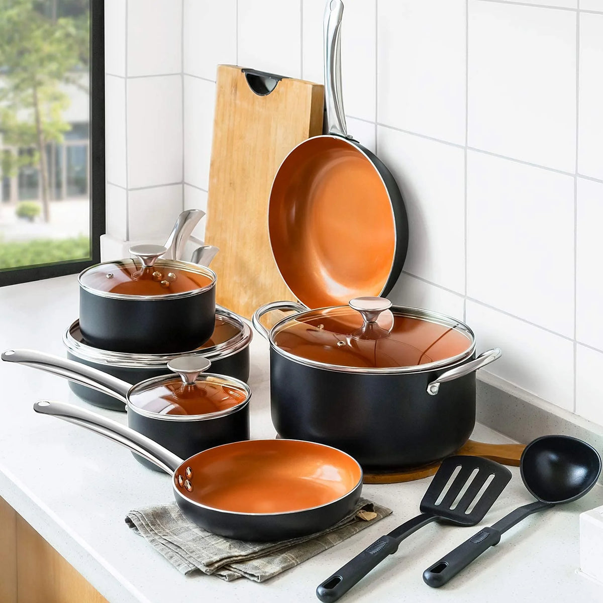 12 Piece Nonstick Copper Ceramic Cookware Set with Spatula & Spoon W7636