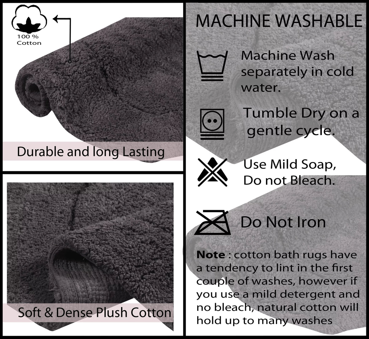 100% Cotton Non-Slip Machine Washable 4 Piece Bath Rug Set with Contour V12457