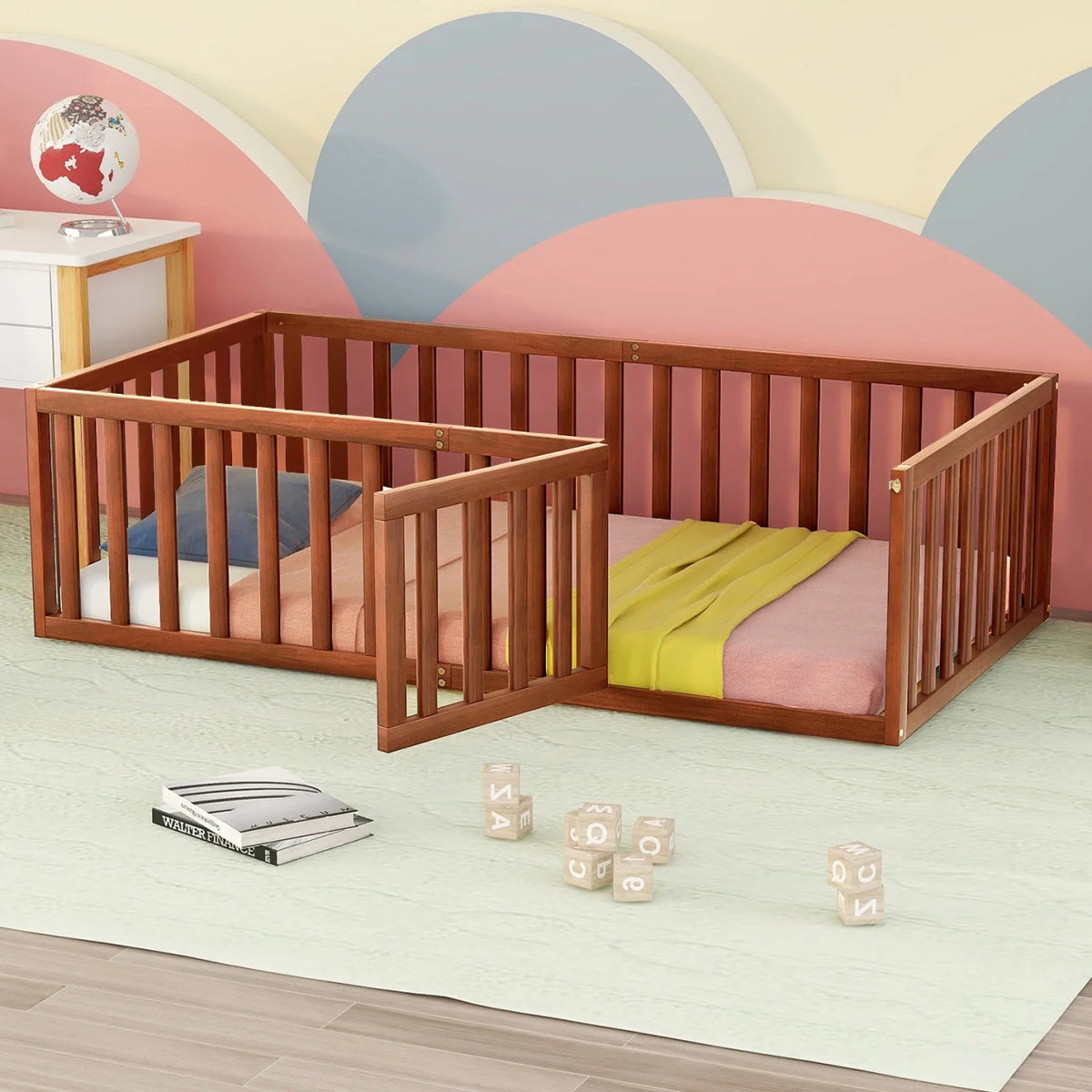 Solid Wood Twin Floor Bed with Door & Safety Guardrails L894