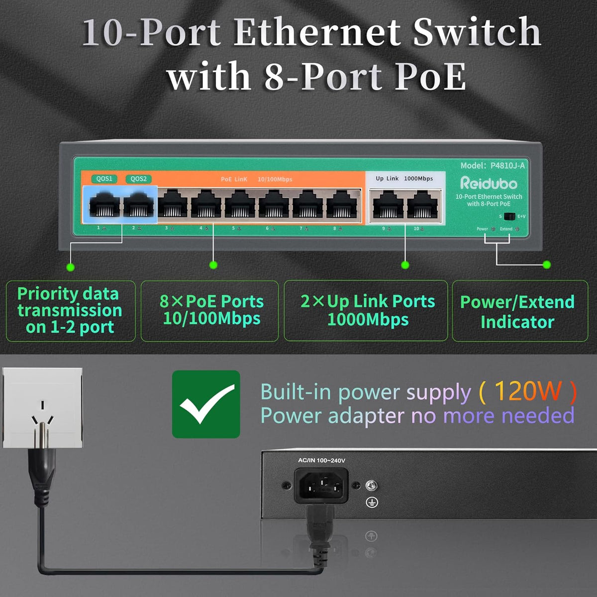 10 Port Ethernet PoE Switch with 8-Port PoE 100Mbps, 2 Gigabit Uplink, 120W, Unmanaged, Metal Case, Pack of 2 R158