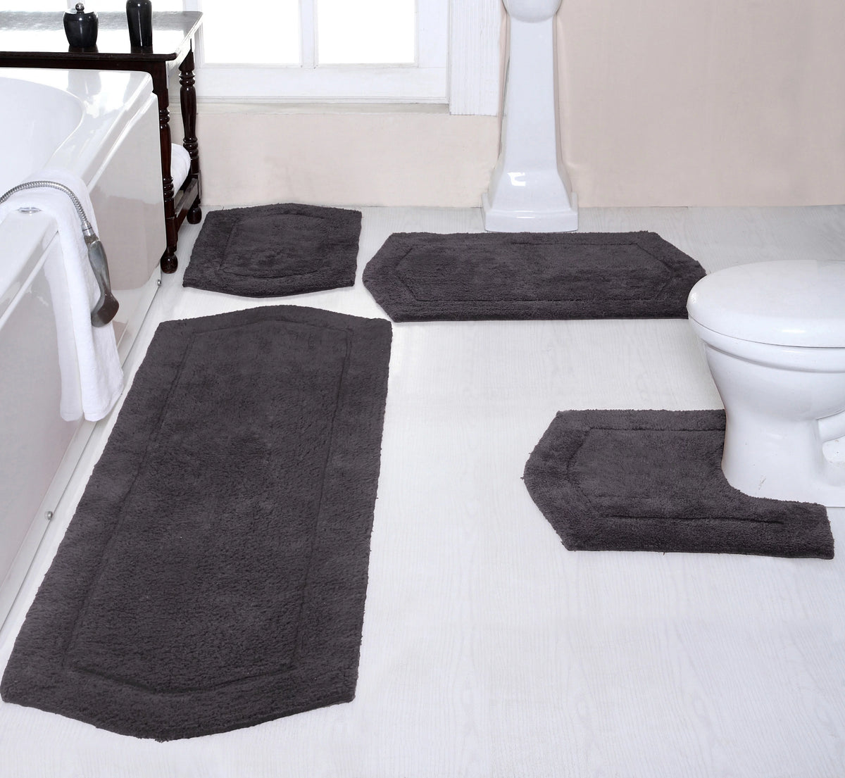 100% Cotton Non-Slip Machine Washable 4 Piece Bath Rug Set with Contour V12457
