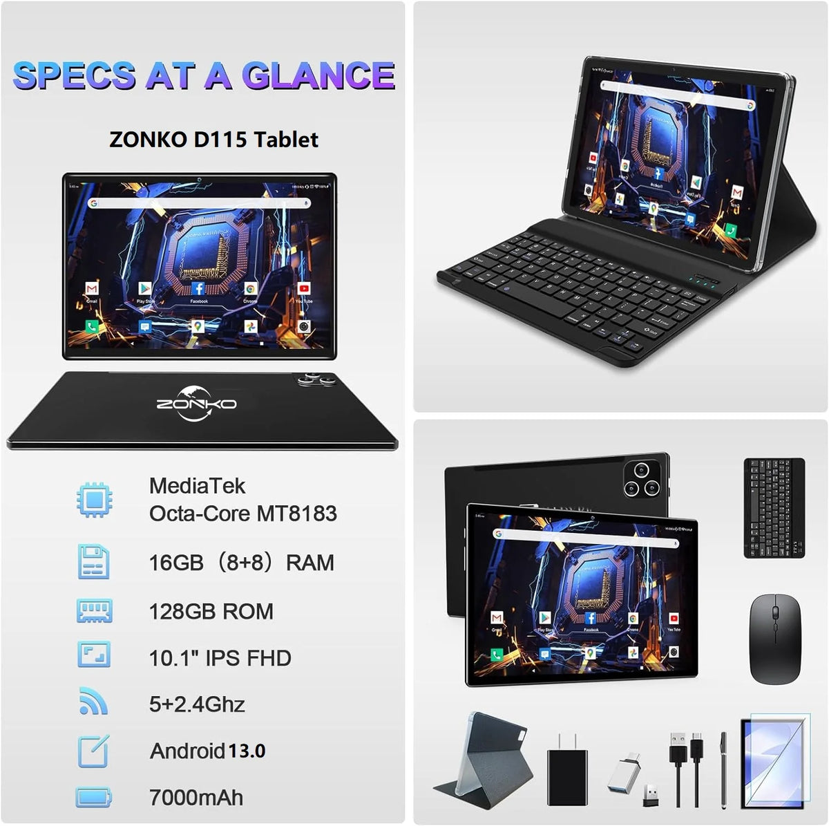 10 Inch Android Tablet with Keyboard 128GB ROM Octa-Core 2 In 1 Tablet Q440611